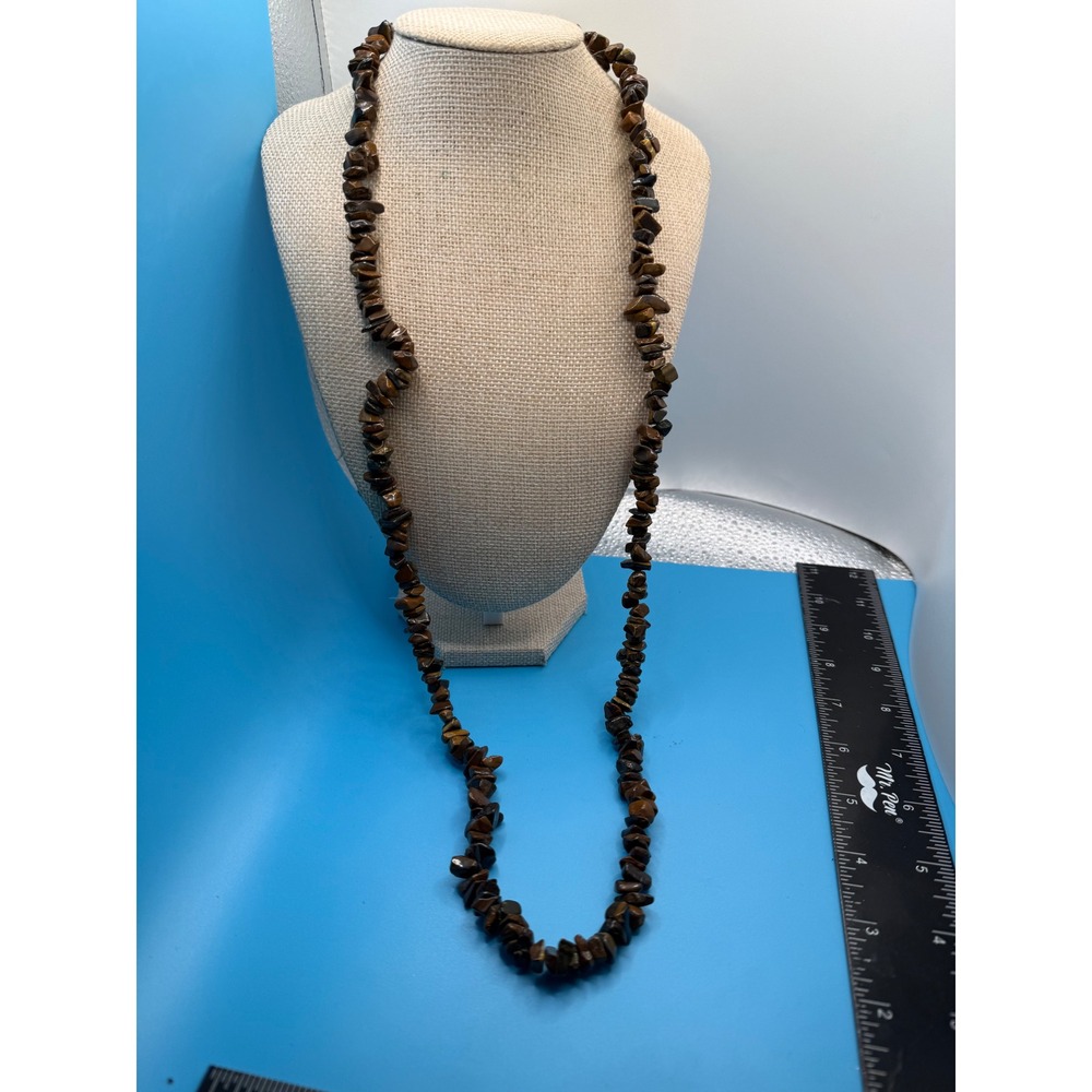 Natural‎ Tigers Eye Chip Bead Necklace Brown Gold Stone Boho Endless Strand 32in